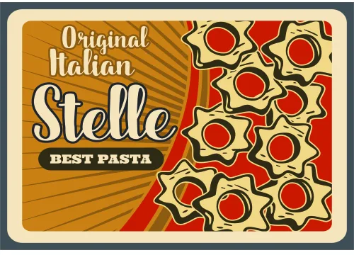 A retro-style vintage pasta box label featuring bold text reading 'Original Italian Stelle BEST PASTA' with radiating yellow lines and red and cream stella pasta shapes arranged on the right side.