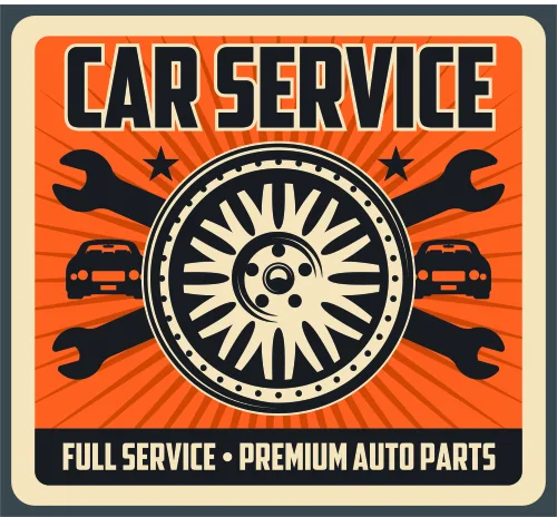 A vintage-style poster with 'CAR SERVICE' in bold black letters at the top, a large cream and black wheel in the centre, black wrenches radiating outward, small car silhouettes, orange sunburst background, and 'FULL SERVICE PREMIUM AUTO PARTS' text at the bottom.