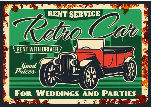 A vintage-style metal sign advertising retro car rental with a red and black convertible, green background, and distressed edges.