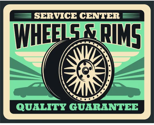 A retro service centre sign featuring a large illustrated wheel with radiating spokes, bold typography reading 'Wheels & Rims' and 'Quality Guarantee', in shades of green, cream and black.