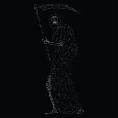 A skeletal figure draped in flowing robes holds a curved scythe, rendered in white line art against a black background.