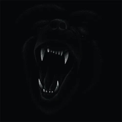 Silhouette of a bear's head with open mouth and visible fangs against a black background, rendered in high contrast grayscale.