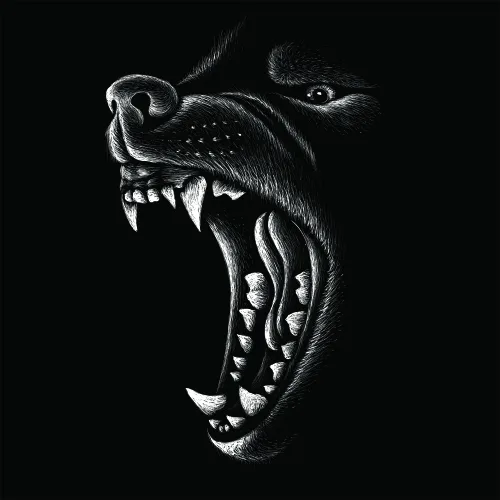 A high-contrast line drawing of a snarling creature with bared fangs and an open mouth, rendered in white lines against a black background.