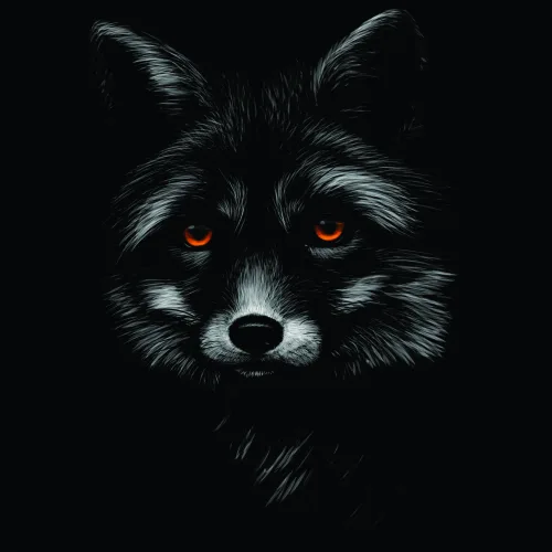 Illustration of a wolf's face with black and white fur and glowing red eyes against a black background.