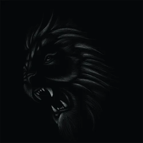 Monochrome sketch of a lion's head in profile against a black background, with fine line detail showing the mane and facial features.
