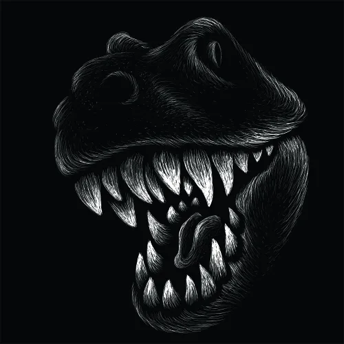 Black and white line art drawing of a creature skull with prominent sharp teeth, rendered in detailed cross-hatching against a dark background.