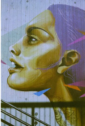 A photographic print of street art depicting a woman's profile in golden tones with purple and blue accents on a white brick wall.