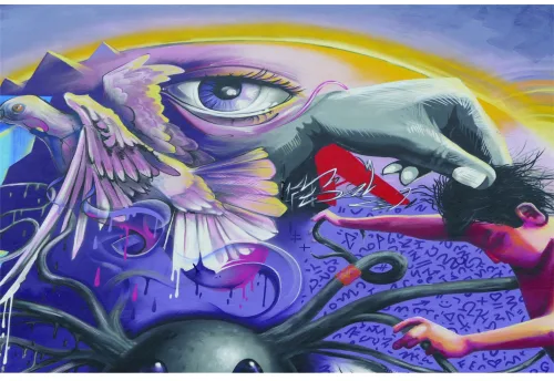 Street art mural featuring a large eye with purple wings, surrounded by abstract shapes and colourful lettering in purple, yellow, blue and pink.