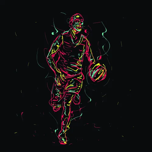 A basketball player mid-stride rendered in bright neon pink, yellow, and green line art against a black background.