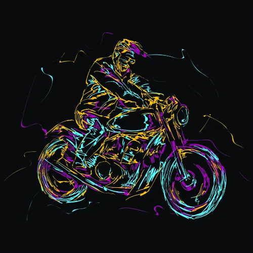 A neon-coloured line drawing of a motorcycle rider leaning into a turn, with glowing yellow, cyan and purple outlines on a black background.