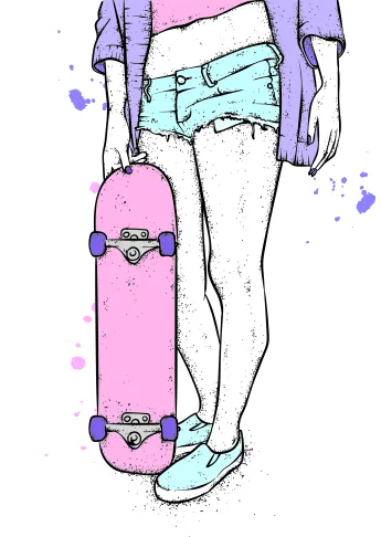 Line drawing of a teenager in denim shorts and purple jacket, holding a pink skateboard with purple wheels.