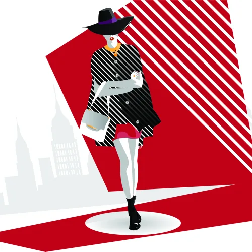 Illustration of a stylish woman walking on a red runway wearing a red coat, black striped shirt, and purple hat, with a cityscape in the background.