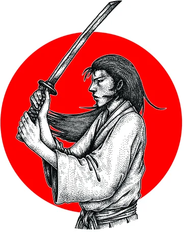 Black line-art illustration of a figure in traditional clothing holding an upright sword, positioned against a solid red circular background.
