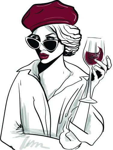 Line drawing of a stylish woman wearing a burgundy beret and sunglasses, holding a wine glass with burgundy-coloured wine inside.