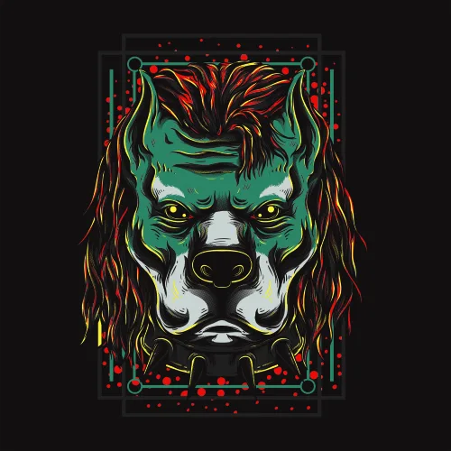 A neon-coloured dog's head with green face, white markings, and flaming orange mane on a black background with geometric red details around the border.