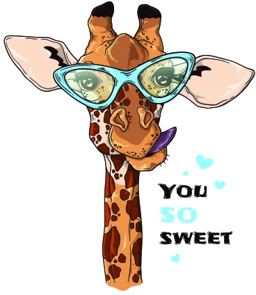 A cartoon giraffe wearing oversized heart-shaped sunglasses with 'you so sweet' written beside it in black and teal text.