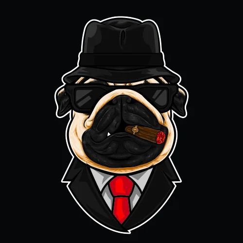 A cartoon pug wearing a black fedora hat, dark sunglasses, and a black suit with red tie, smoking a cigar against a black background.