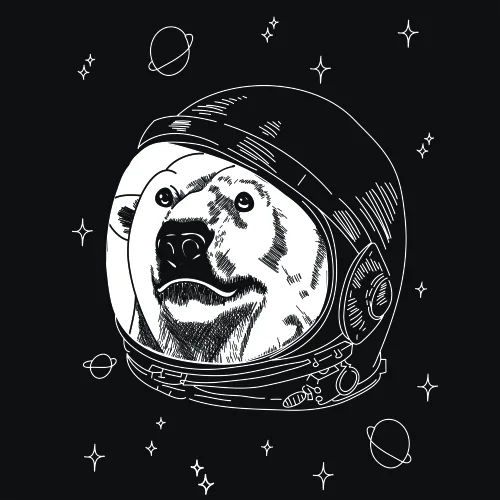 A line art illustration of a dog's face inside a space helmet, surrounded by stars and planets on a black background.