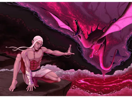 A shirtless figure in a dynamic pose gestures toward roiling magenta and black clouds in an abstract landscape.