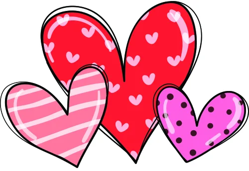 Three outlined hearts filled with red, light pink, and purple, each decorated with white hearts, horizontal stripes, or polka dots respectively.