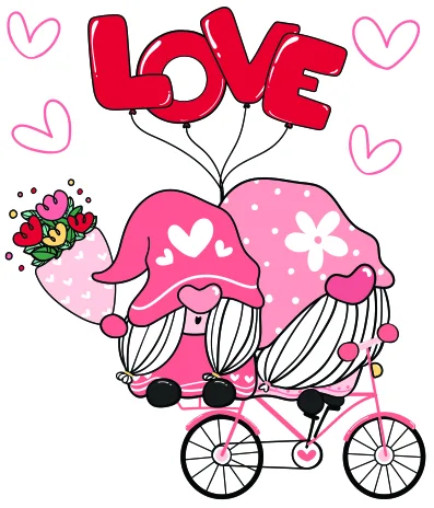 Illustration of two pink gnomes with white beards sitting on a tandem bicycle, holding a bunch of red LOVE balloons above their heads, with hearts floating around them.