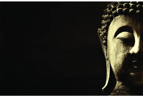 Profile of a golden Buddha head with curled hair and downcast eyes against a black background.