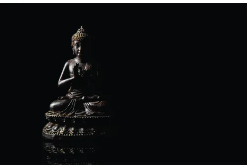 A golden bronze Buddha statue in seated meditation pose, lit dramatically against a completely black background.