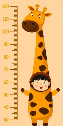 A smiling child wearing a yellow giraffe costume sits inside the giraffe's belly as it stands next to a height measurement scale marked from 30 to 120 centimetres.