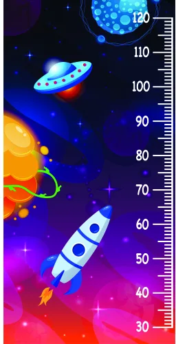 A height measurement chart featuring a bright red rocket launching upward, glowing planets, and stars against a gradient background of blue, purple, and pink.