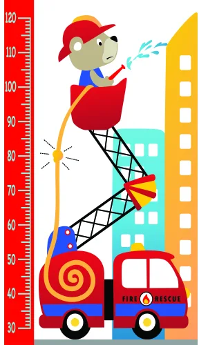 A cartoon mouse in a red firefighter uniform and cap climbs a yellow ladder whilst a red and blue fire truck sits at the base, with a height measurement scale marked from 30 to 140 centimetres running along the left side.