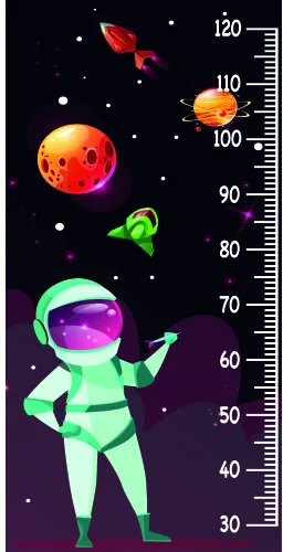 A neon green astronaut in a space suit stands pointing upward, with a measurement scale running alongside, surrounded by a red planet with spots, orange sun, green rocket, and white stars on a black background.