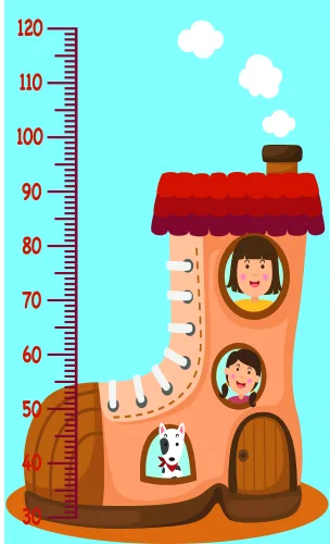 A tall boot-shaped house in warm coral with a red roof, featuring three circular windows with smiling family members and a dog, with a measurement scale marked from 50 to 120 centimetres running down its side.
