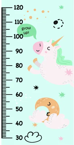 A pastel-coloured height chart with a smiling pig at the top, an elephant in the middle, and a cloud at the bottom, decorated with stars and playful details on a light blue background.