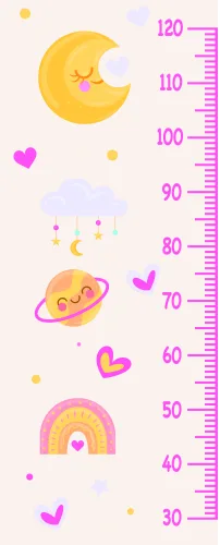 A vertical height chart decorated with a smiling yellow moon at the top, stars, a sleeping cloud, a happy Saturn planet, and a pastel rainbow at the bottom, with measurement markings from 30 to 120 centimetres along the right edge.