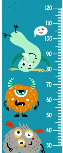 A vertical growth chart featuring four stacked cartoon monsters in teal, orange, grey and green against a teal background, with measurement markings from 50 to 120 centimetres on the right side.