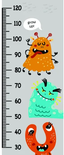 A height measurement chart with three cartoon monsters stacked vertically in orange, green, and red, each with different facial expressions and textures, against a ruler-marked grey background.