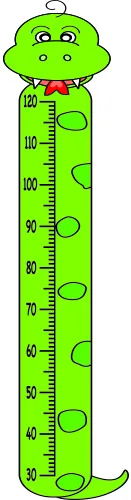 A bright green cartoon frog with a smiling face and rounded body serves as a height measurement chart, with numerical markers running vertically down its centre.