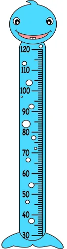 A bright blue cartoon character with a wide grin and circular eyes serves as a height measurement chart marked from 30 to 120 centimetres.