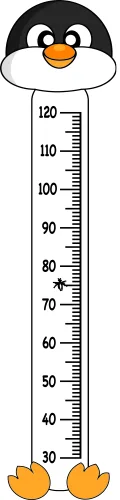 A cartoon penguin with a white belly, black back, and orange beak and feet stands next to a numbered height chart measuring from 30 to 120 centimetres.