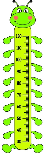 A cartoon caterpillar with a smiling face and eight lime-green body segments, with a height scale running down its centre from 30cm to 120cm.