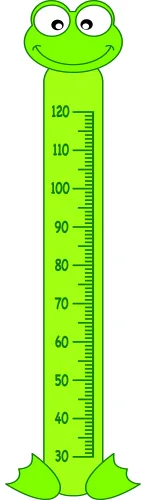 A bright green cartoon frog with wide eyes and a smile presides over a vertical height measurement scale marked from 30 to 120 centimetres.