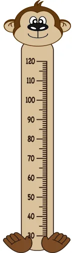 A cartoon monkey with brown fur and a wide smile stands beside a vertical measurement scale marked from 20 to 120 centimetres, with the monkey's head at the top and feet at the bottom.