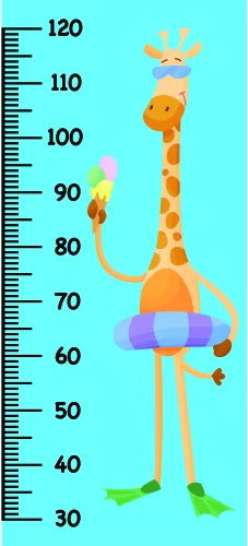 A tall orange and yellow giraffe with long legs, wearing purple and blue accessories, stands next to a height measurement scale from 30 to 120 centimetres on a bright turquoise background.