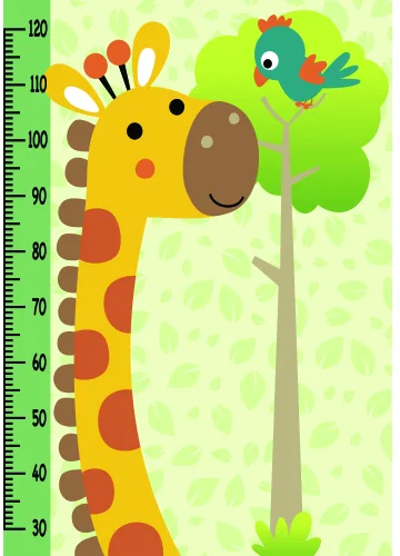 A cartoon height chart showing a yellow and orange giraffe on the left with a red bird perched in a green tree on the right, marked with measurement increments from 30 to 120 centimetres.