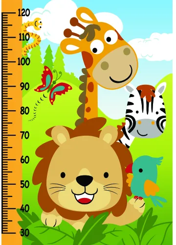 A cartoon height chart showing a smiling lion in the foreground with a giraffe, zebra and parrot behind it, surrounded by green grass and flowers, with a numbered measurement scale along the left edge.