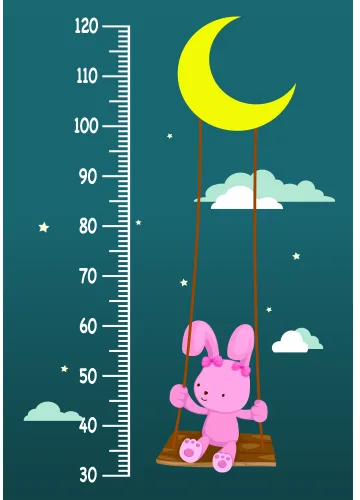 A bright pink bunny sits on a wooden swing hanging from a golden crescent moon against a teal background with white clouds and stars, with a height measurement scale on the left side.