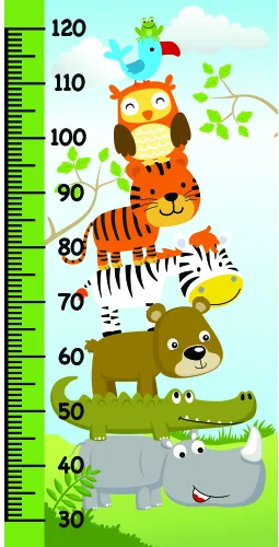 A whimsical illustration of five stacked animals, a blue bird with a red hat, orange owl, orange tiger, brown bear, and grey crocodile, standing atop each other beside a numbered height measurement scale from 30 to 120 centimetres on a green background.