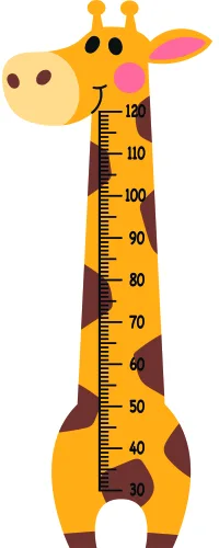 A cartoon giraffe height chart with a cream-coloured face, yellow body with brown spots, pink ear, and measurement markings running down its neck from 30 to 110 centimetres.