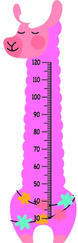 A bright pink illustrated llama with a purple measurement scale running down its body, marked from 60 to 120 centimetres, with teal and yellow colour-block accents.