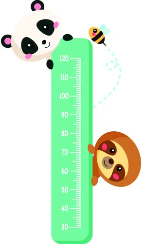 A green height chart with measurement markings from 20 to 120, decorated with illustrated cartoon animals: a panda peeking from the top left, a bee spraying water from the upper right, and a brown sloth climbing on the right side.